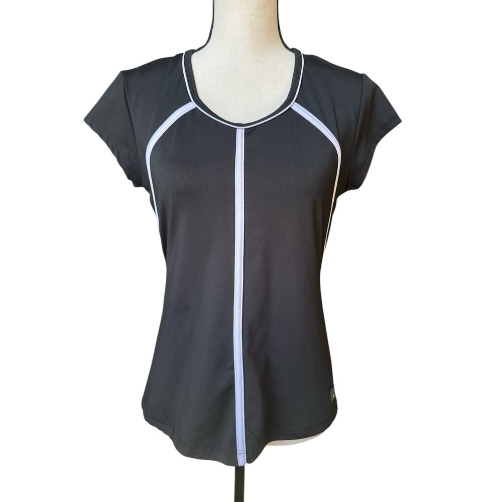 FILA Short Sleeve Activewear Top Black White Stripe Women's Medium‎ Round Neck